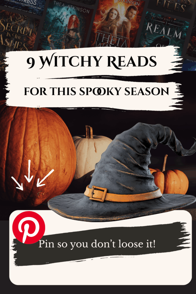 a graphic with a witch's hat and pumpkins intended for Pinterest